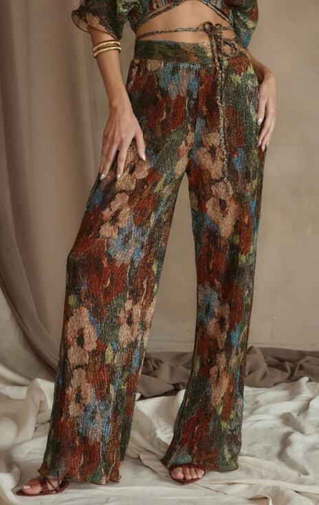 12th Tribe Pants - NWOT 12th Tribe Kaia Metallic Floral Print Flowy Earth Tones Pants Sz L READ
